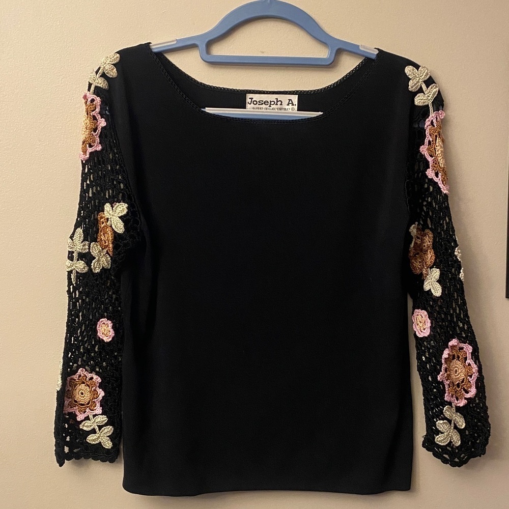 Joseph A Black Top with Floral Crochet Sleeves
